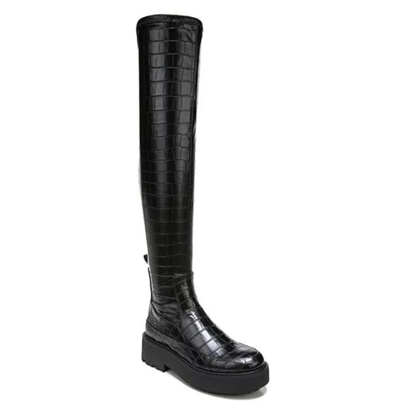 Franco Sarto Janna Over-The-Knee Boots Croc Embossed Faux Leather Black Size 8M - Picture 2 of 10